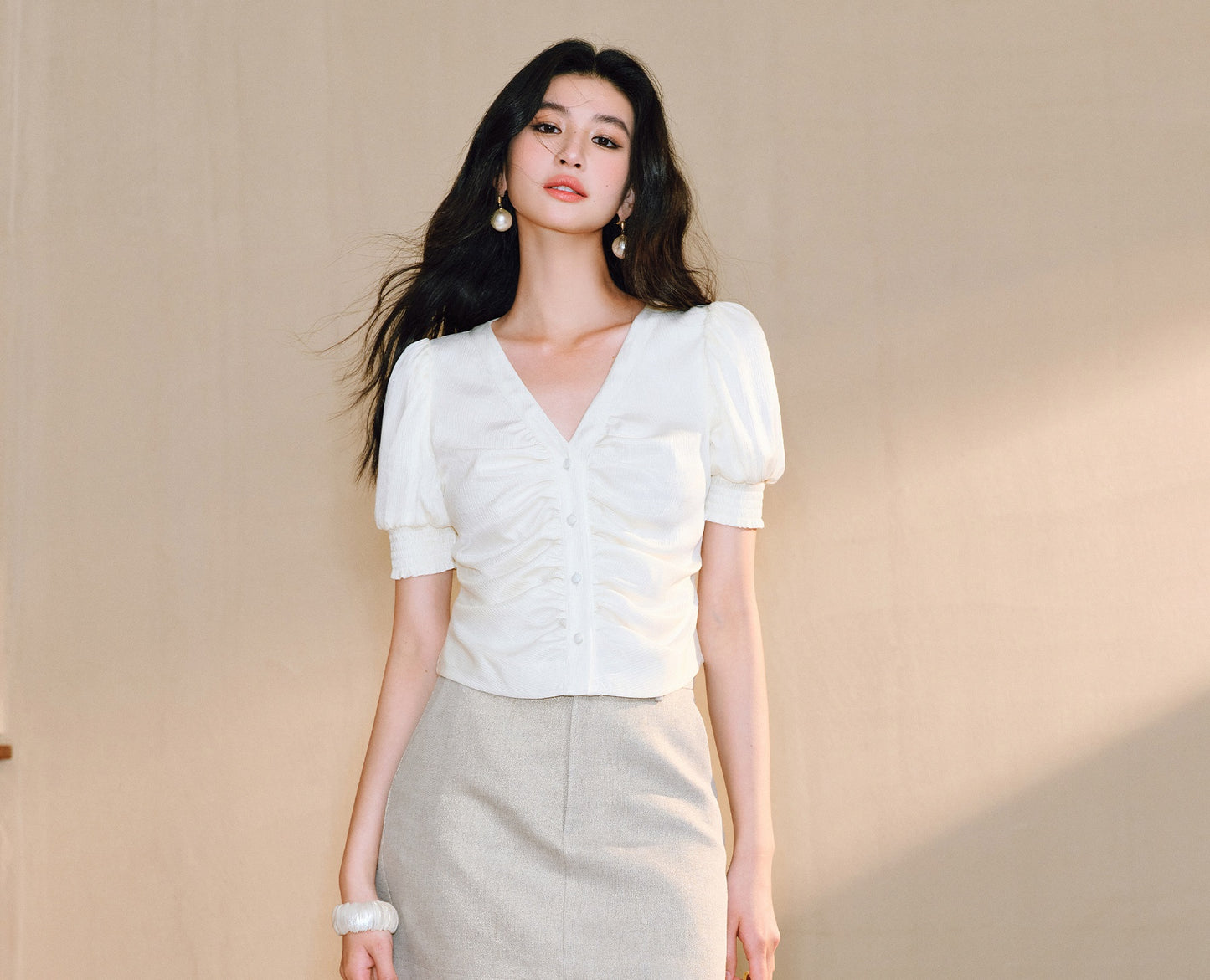 WANGXO Lumina Silk Satin Twill V-Neck Puff Sleeve Top - REYNA.