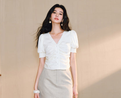 WANGXO Lumina Silk Satin Twill V-Neck Puff Sleeve Top - REYNA.