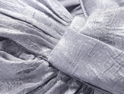 WANGXO | Glossy Satin Scratch & Bright Silk Interlace Pleated Streamer V-Neck Shirt -FÍYA.