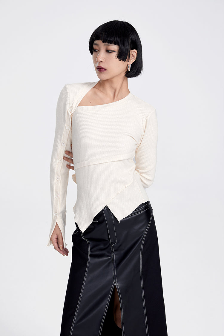 TINY IN button sleeve asymmetric knit women's black top-TAKA