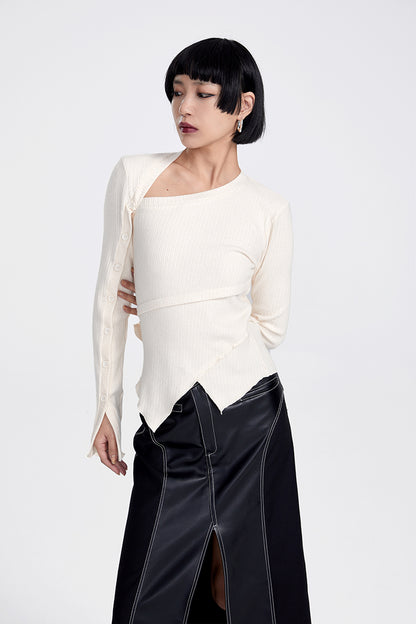 TINY IN button sleeve asymmetric knit women's black top-TAKA