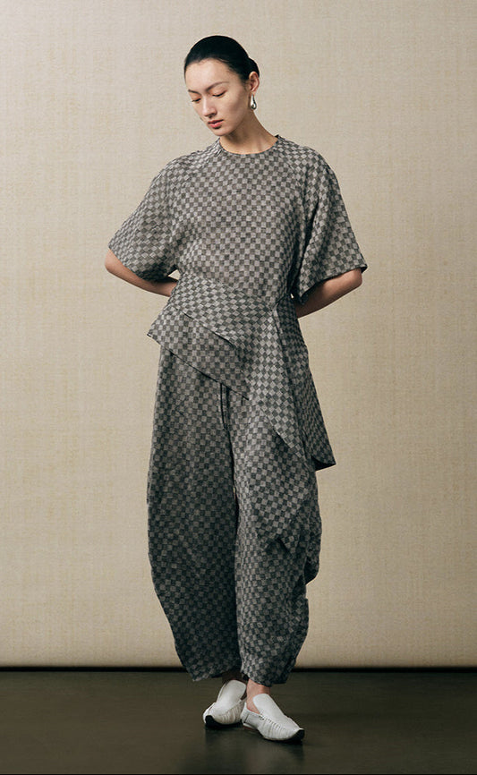 ZHUCHONGYUN linen checkerboard  irregular top-CHASE.