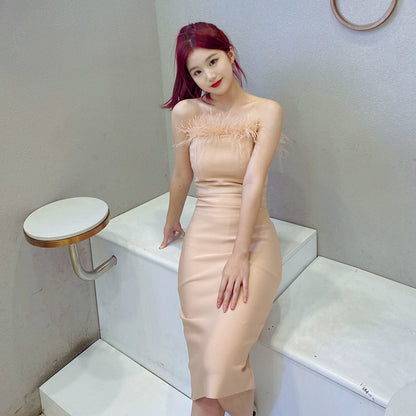 DOLLY Elegant Off Shoulder Feather Tube Top Slim Fit Dinner Date Dress-NANA