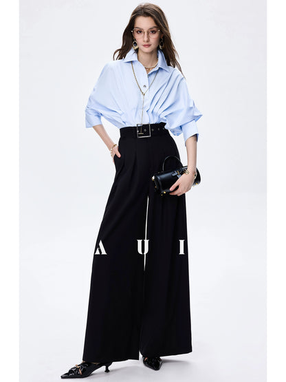 AUI design sense irregular polo collar blue shirt long sleeve top - RESORT.