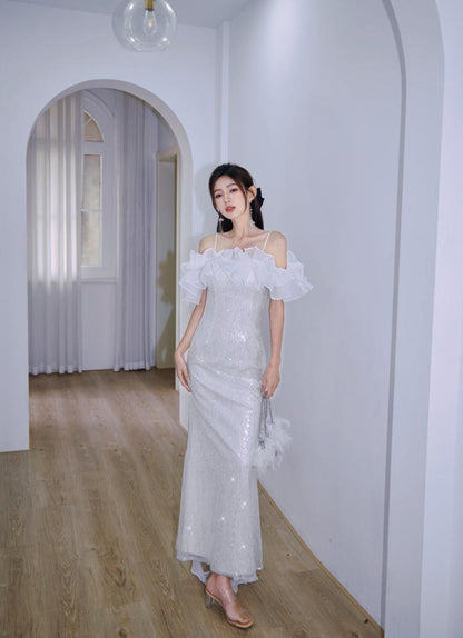 DOLLY Elegant White Off Shoulder Sequin Ruffled Tube Top Banquet Dress-ALICIA