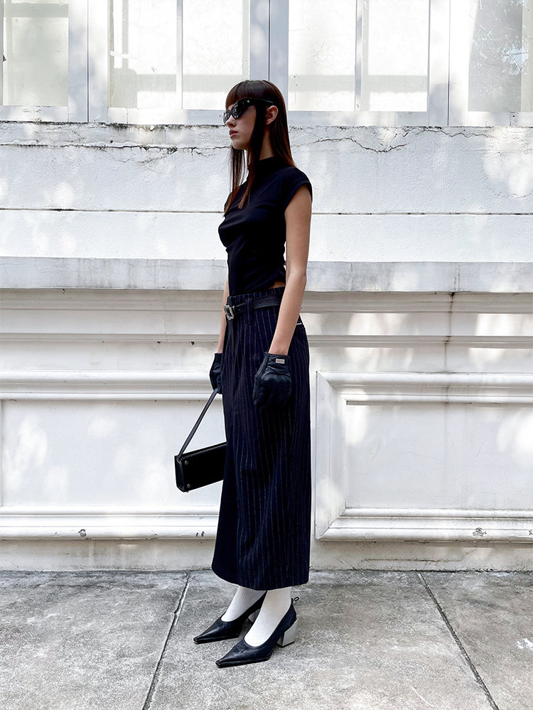 ANNAKIKI Black and White Striped Vintage Belt Trim Striped Skirt-RAVY