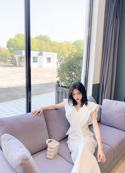 DOLLY Elegant White V-Neck Flying Ruffle Sleeve Slim Fit Long Goddess Dress-CLAUDIA