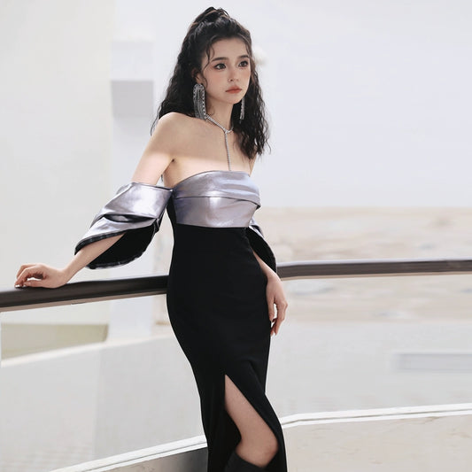 DOLLY High End Sliver/Black Off Shoulder Bandeau Slim Fit Long Cocktail Dress-MILAN