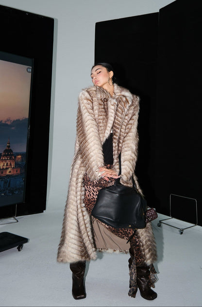 MEI SANGUAN gray coffee color fur long coat jacket - SADIE