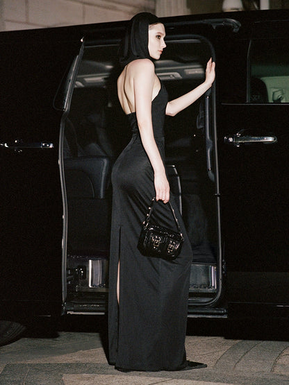 ANNAKIKI acetate hooded halterneck dress-CHIBI