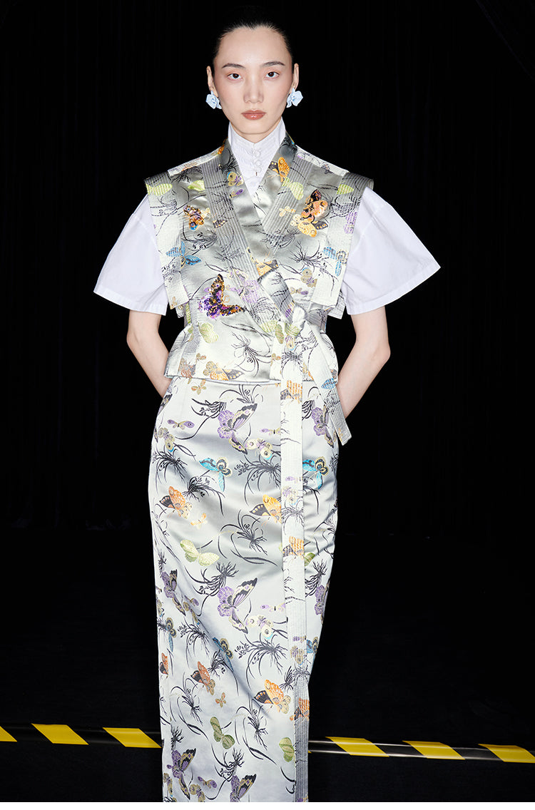 M essential Mackay designer butterfly beaded quilted cottonskirt vest shirt set - toes.