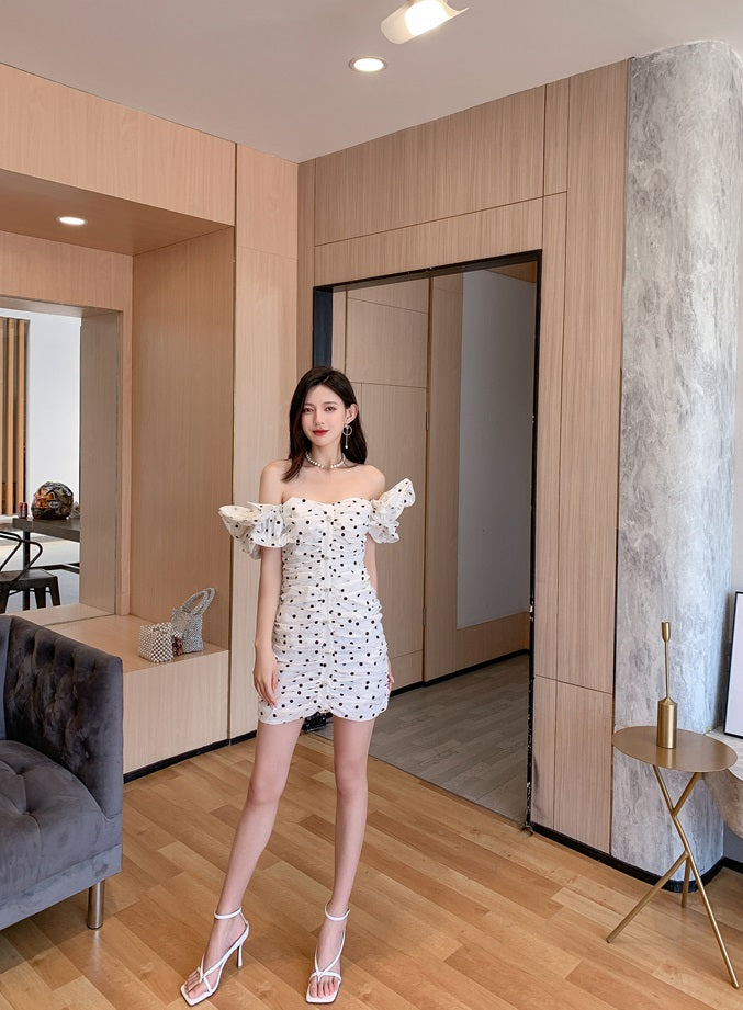 DOLLY Elegant White Off Shoulder Short Puff Sleeve Slim Fit Short Polka Dot Dress-MINA