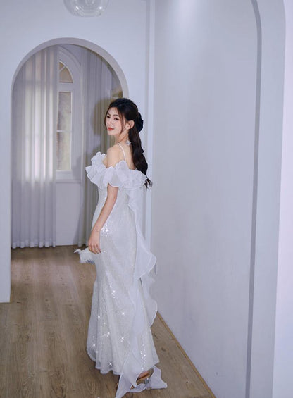 DOLLY Elegant White Off Shoulder Sequin Ruffled Tube Top Banquet Dress-ALICIA