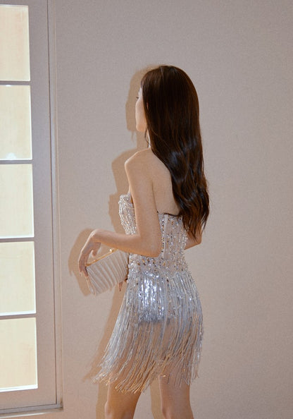 DOLLY Elegant Chest Wrap Glittering Tassel Tube Top Beaded Short Sexy Dress-LENORA  (V)