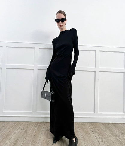 ANNAKIKI high-end acetate black shoulder slim long sleeve dress-CAROLE