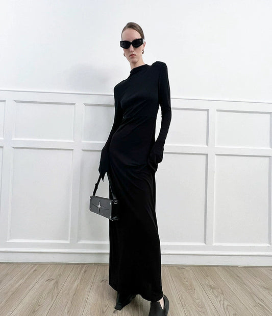 ANNAKIKI high-end acetate black shoulder slim long sleeve dress-CAROLE