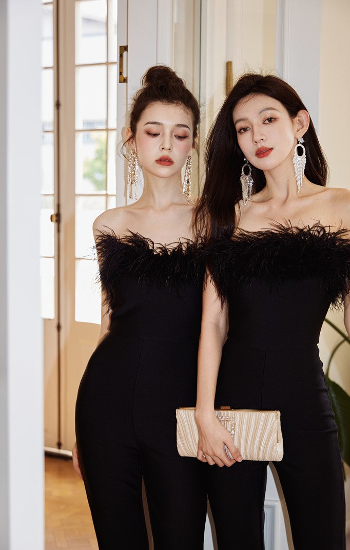 DOLLY High End Black Sleeveless Feather Tube Top Long Flared Pant Jumpsuit-PALMER