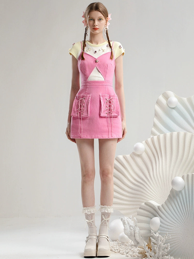 CHECOCRE Women's Short T-shirt Underwear With Suspender Denim Suit Skirt - JOHN