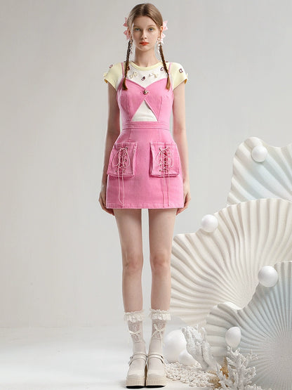 CHECOCRE Women's Short T-shirt Underwear With Suspender Denim Suit Skirt - JOHN