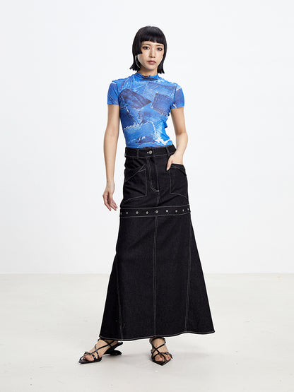TINY IN denim print sun protection mesh long short sleeve t-shirt -IHU