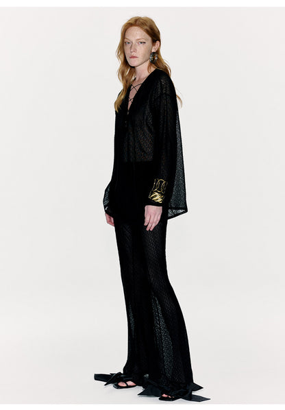 ATELIER MISS LU Flocking Design Sheer Cross-strap Top - KNEAD