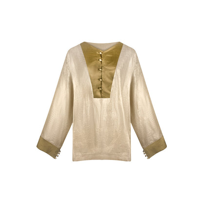 TUYUE Linen Glossy Long Sleeve V-Neck Loose Shirt - ALICIA.
