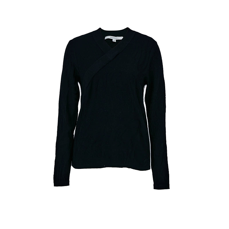 ZHUCHONGYUN black jacquard knitted wool V-neck long sleeves slim fit top -ILLIT.