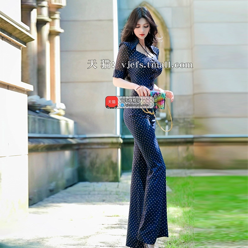 VJE Drawstring mesh short-sleeved top flared pants two-piece suit-COCO.