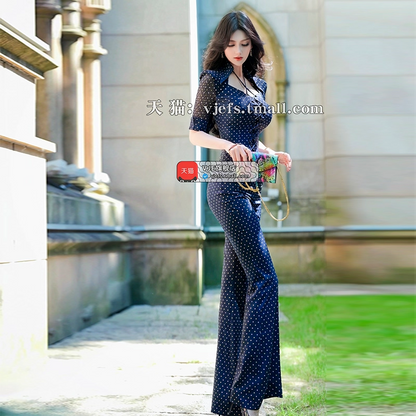 VJE Drawstring mesh short-sleeved top flared pants two-piece suit-COCO.