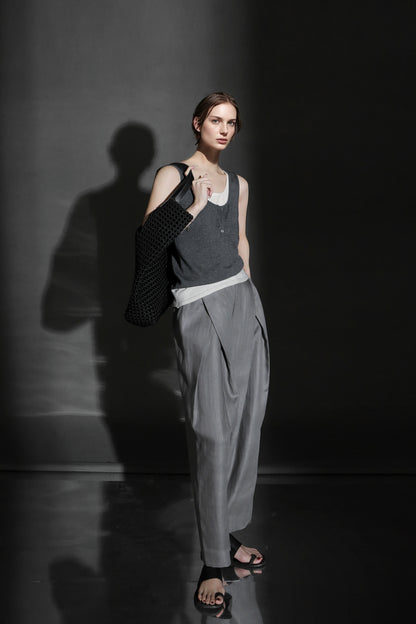 PIAOIN designer haute couture cross pleated niche Tencel linen wide leg straight pants -ALICE