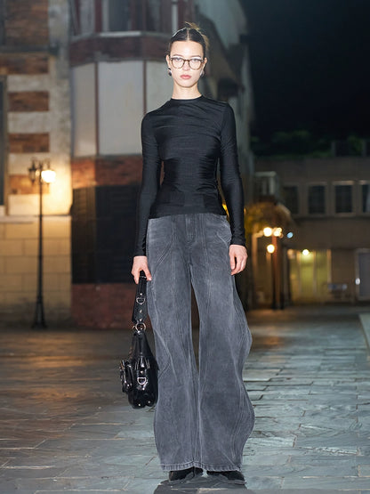 ANNAKIKI black pleated texture long-sleeved  top for women-VENUS