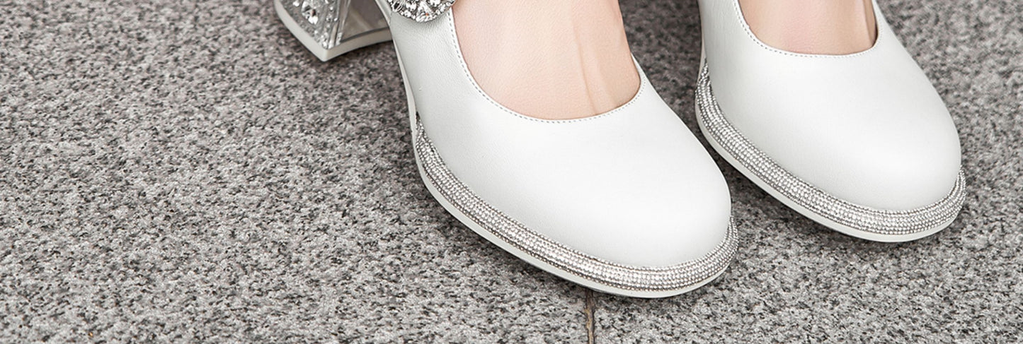 SHOESZOOO Maryjane Rhinestone Round Toe Block Heels - WISDOM.