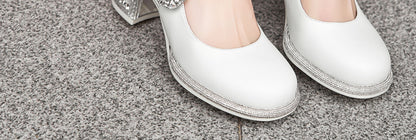 SHOESZOOO Maryjane Rhinestone Round Toe Block Heels - WISDOM.