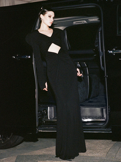 ANNAKIKI acetic acid wavy sleeve hollow V-neck dress-CHARMAINE