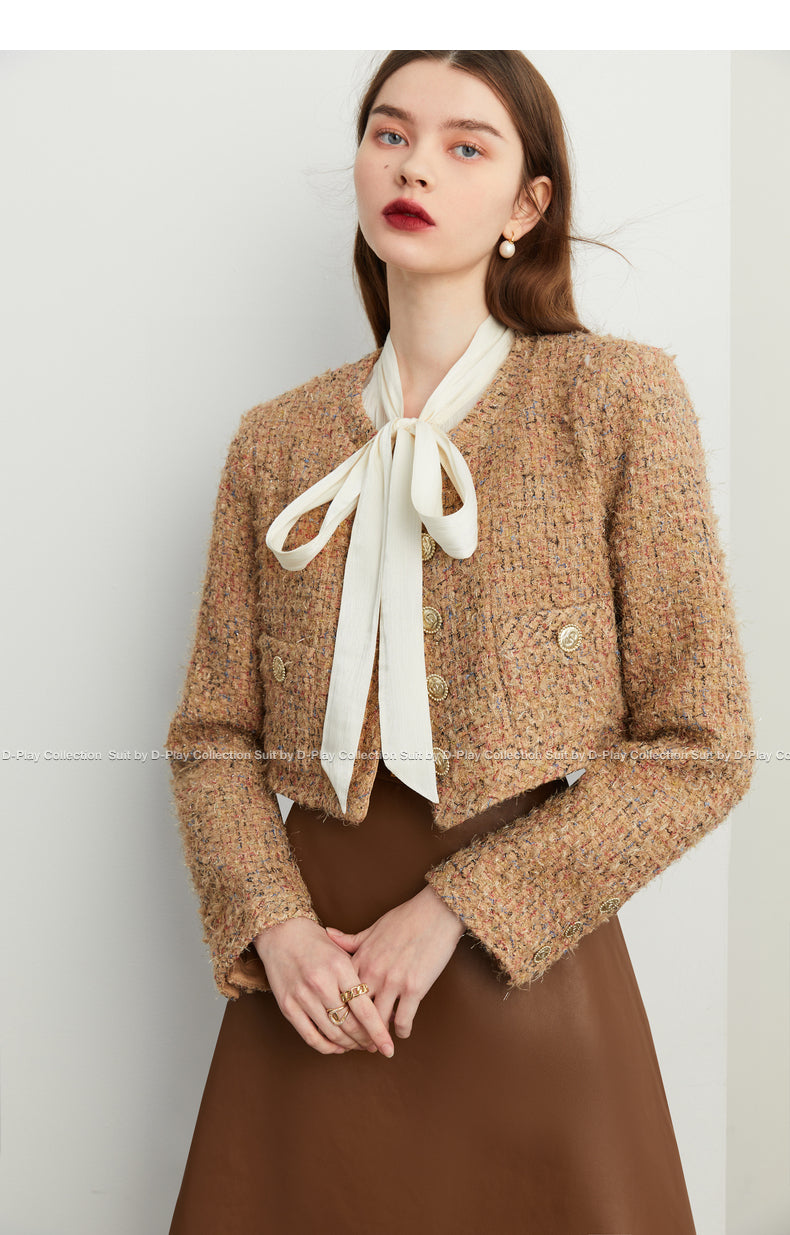 Elegant fall  Winter light luxury round neckbrown woven tweed short coat - Ausi