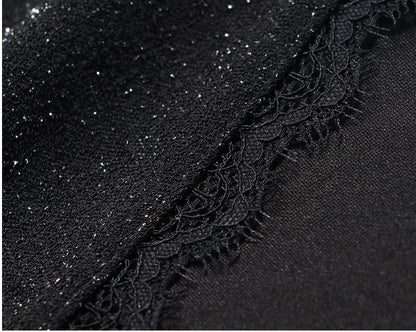 WANGXO | Sparkling Silk High-Density Knit Hand-Shaped Lace Detail V-Neck Slim Fit Top -NOYA