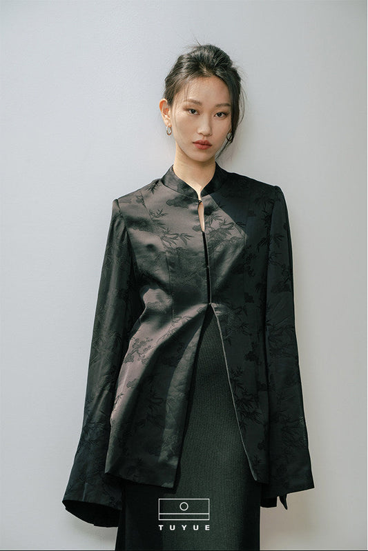 TUYUE Black Weave Stand Collar Slim Blazer - PRECIOUS.