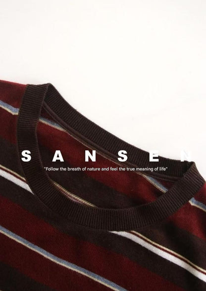 PIAOIN stripe design neutral loose long sleeve T-shirt silk wool knitwear spring-CIX