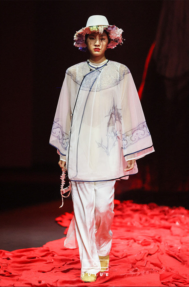 TUYUE Ancient Tailoring Blue and White Porcelain Mesh Top - HOZIER.