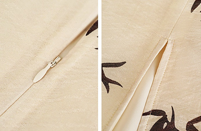 HECO Chinese irregular pleated camisole bamboo leaf print long dress- ROCK .