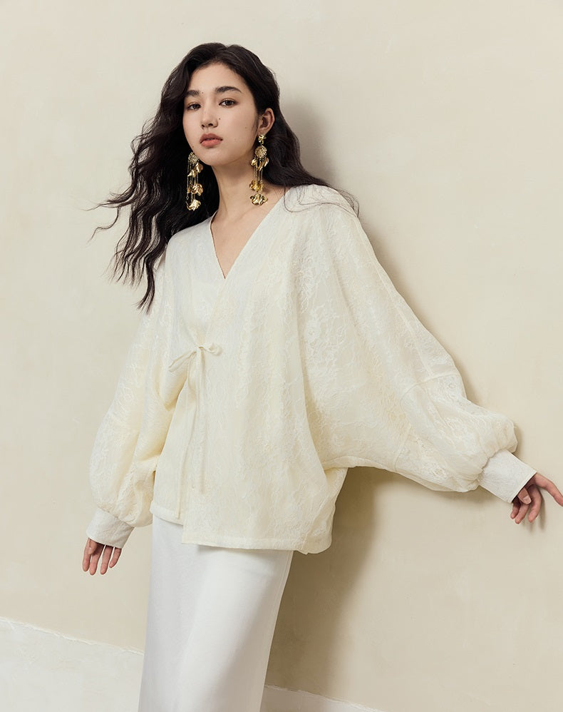 HECO Dolman Sleeve Mesh Lace Embroidery Shirt Top Women - hey.