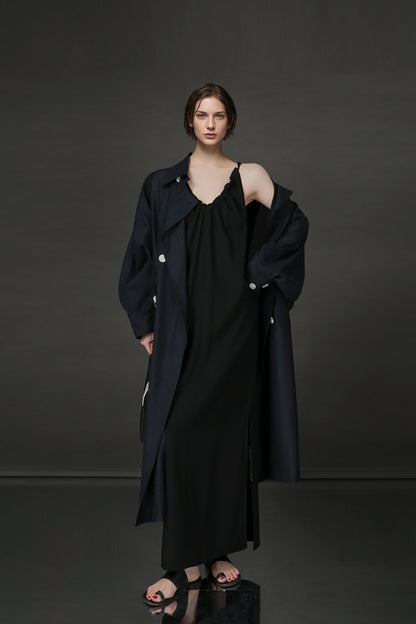 PIAOIN Light Luxury Silk Luster Tencel Linen Trench Coat Jacket -JOSEPHINE