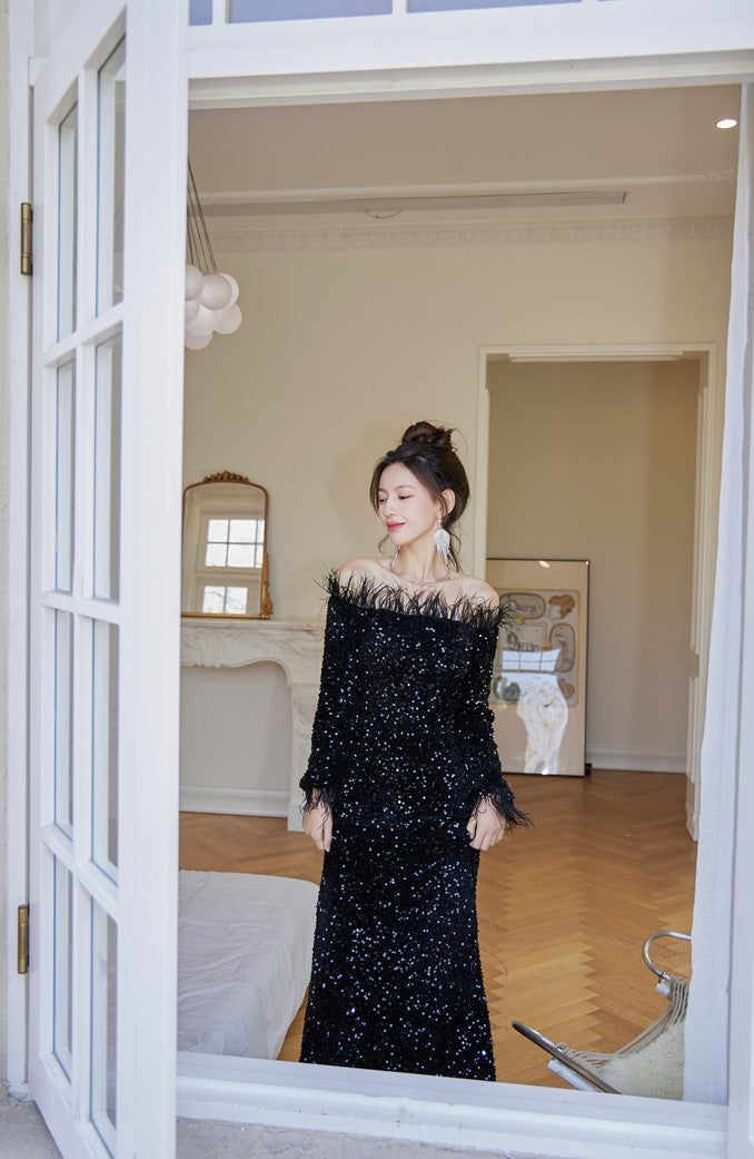 DOLLY Luxury Black Off Shoulder Feather Sequin Tube Top Long Evening Dress-LORELEI