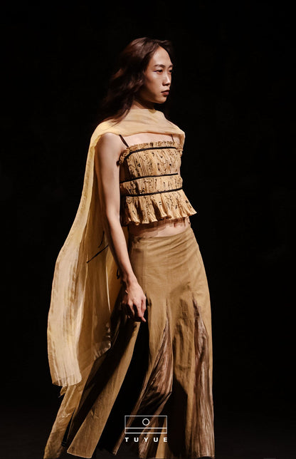 TUYUE Brown Textured Multi-Cut A-Line Midi Skirt - HARRY.