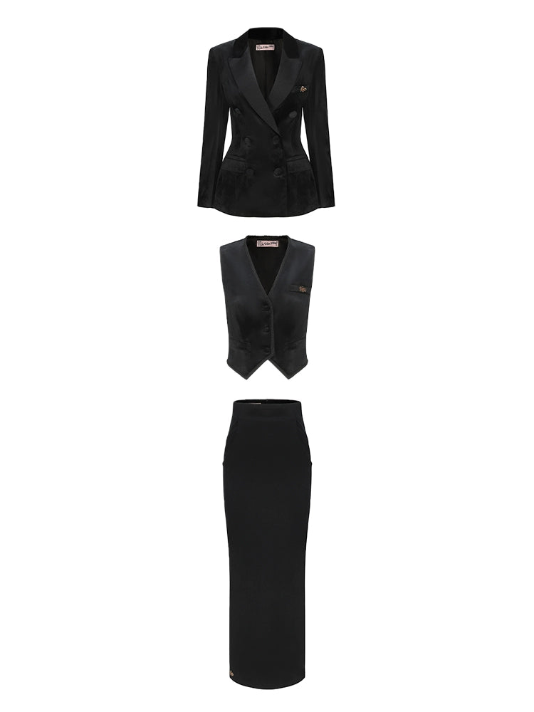 Le Palais Vintage Elegant Retro Black Velvet Stylish Three Piece Suit Set-LISI.