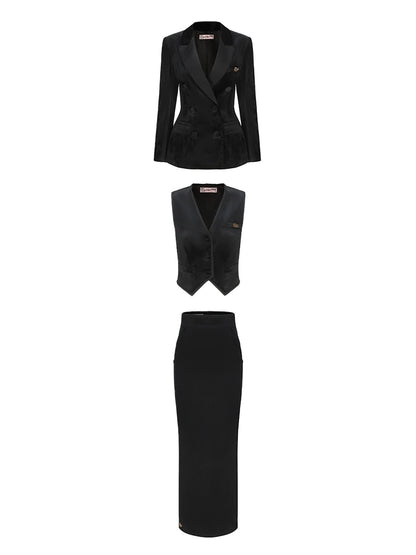 Le Palais Vintage Elegant Retro Black Velvet Stylish Three Piece Suit Set-LISI.