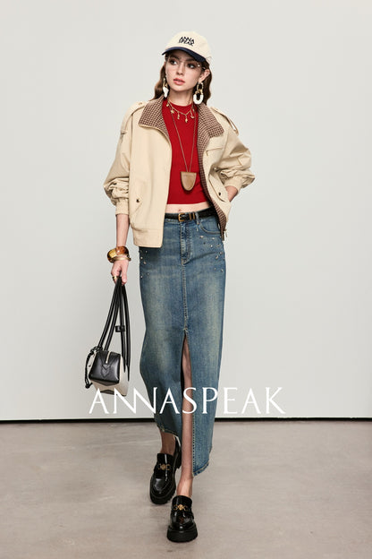 ANNASPEAK Denim long staple cotton slit skirt denim skirt-ISLE.