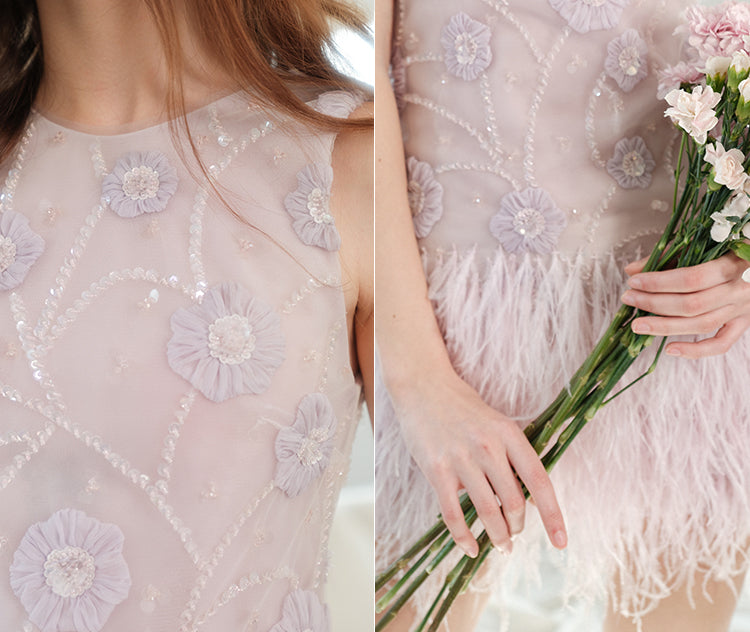 Wardrobes by Chen Purple Round Neck Sleeveless Dinner Feather Dress-Xera