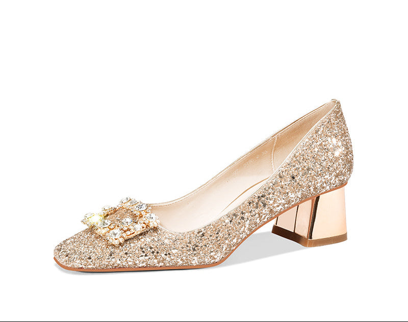 Pjjuu bridesmaid  wedding hexiu square toe block high Heels - LION