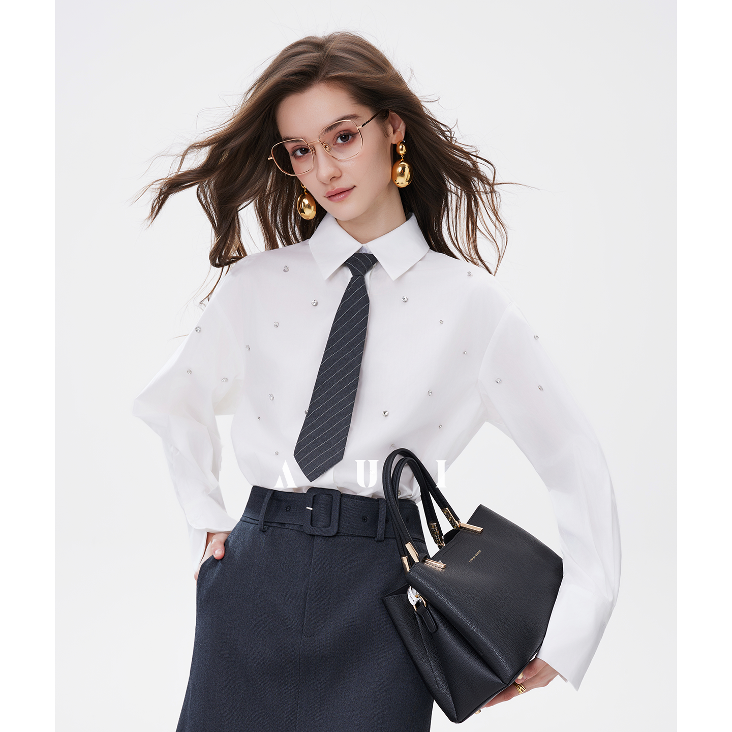 AUI Gray Striped High Intelligence Suit Wide-leg Temperament Loose Pants - Ji-woo